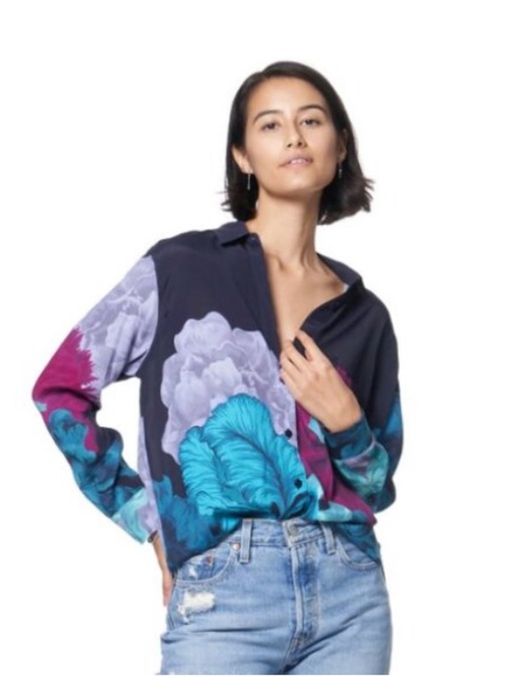 THE KIT lively Womens Floral Print Button-Up Blouse - Navy & Teal stunning